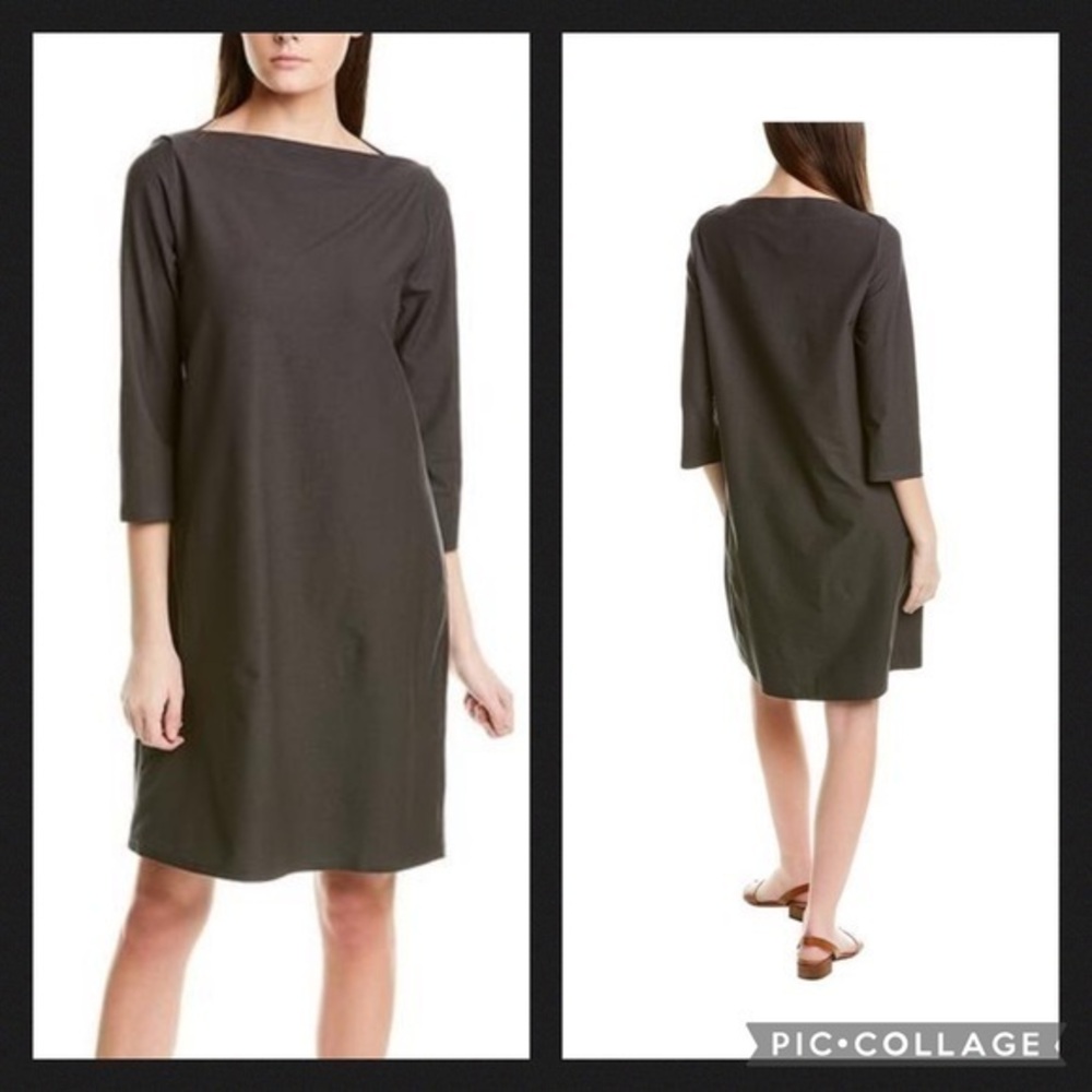 Eileen Fisher Green Bateau Neckline Long Sleeve Stretchy Jersey Shift Dress XS